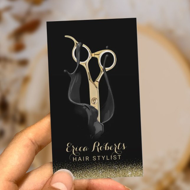 Hair Stylist Hairdresser Modern Black & Gold Salon Business Card (Creator Uploaded)