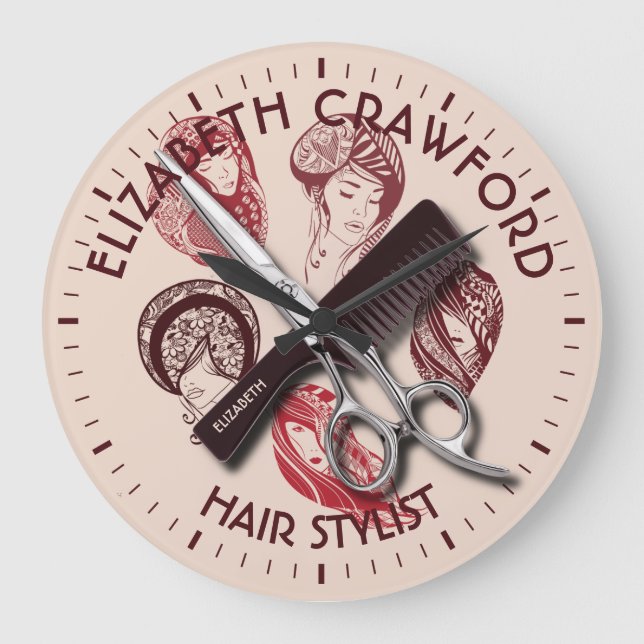 Hair Stylist Hairdresser Or Beauty Salon With Name Large Clock (Front)