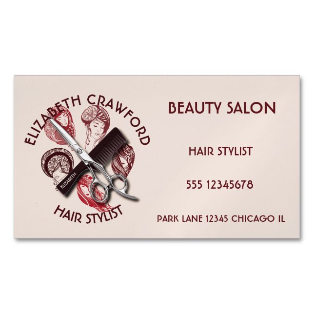 Hair Stylist Hairdresser Or Beauty Salon With Name Magnetic Business Card (Front)