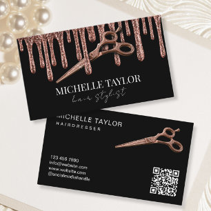 Hair Stylist Hairdresser Rose Gold Glitter QR Code Business Card