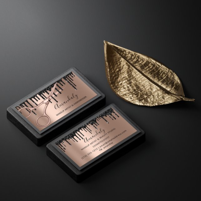 Hair Stylist Hairdresser Rose Gold Scissors Drips Business Card (Creator Uploaded)