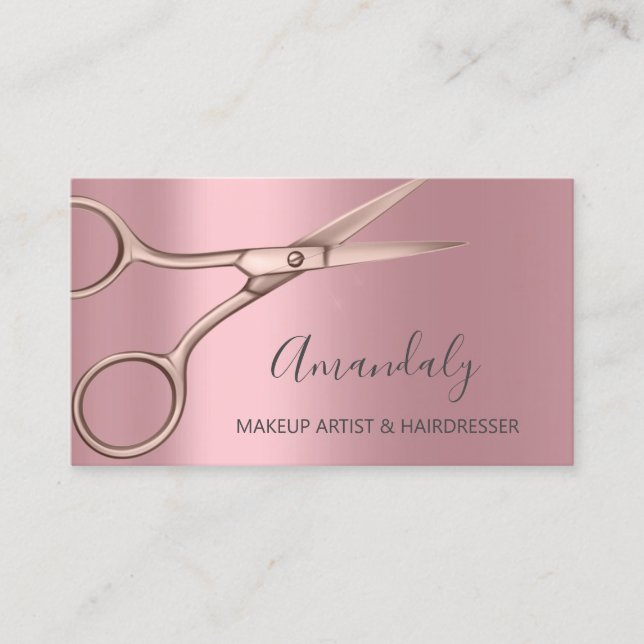 Hair Stylist Hairdresser Rose Pink Scissors Business Card (Front)