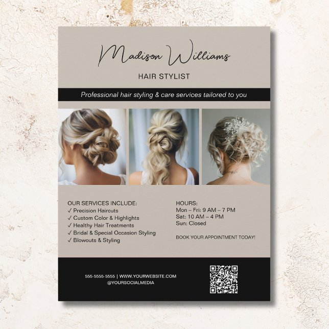 Hair Stylist Hairdresser Salon 3 Photos QR Beige Flyer (Hair Stylist Hairdresser Salon 3 Photos QR Beige Flyer)