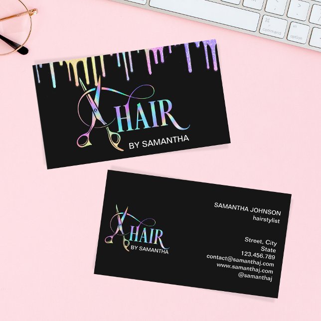 Hair stylist holograph typography hair scissors business card (Creator Uploaded)