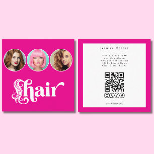 Hair Stylist Hot Pink White 3 Photo QR Code Square Business Card