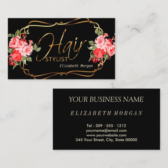 Hair Stylist in a Black and  Beautiful Red Floral Business Card (Front/Back)