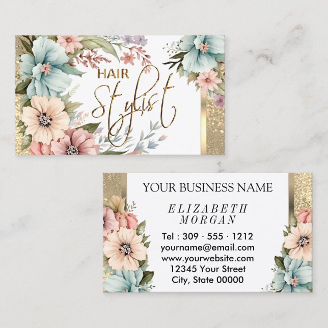 Hair Stylist in Pretty Floral and Glitter Business Card (Front/Back)