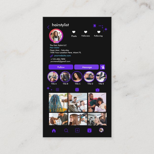 Hair Stylist Instagram Violet | Scan to Connect QR Business Card (Front)