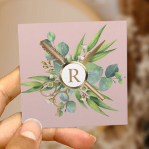 Hair Stylist Lashes Salon Botanical Blush Pink Square Business Card