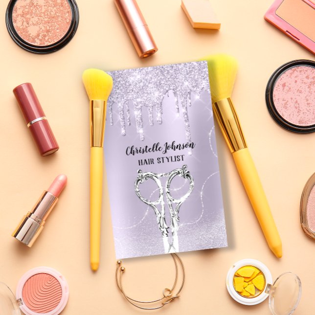 Hair Stylist Lavender Drip Glitter Silver Scissors Business Card (Creator Uploaded)