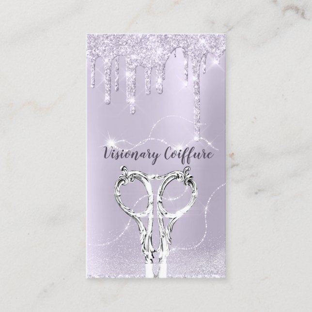 Hair Stylist Lavender Drips Glitter Coiffure Business Card (Front)