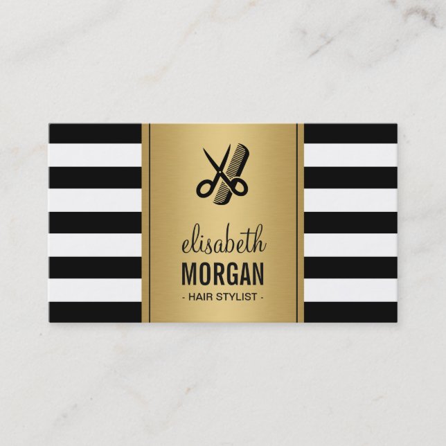 Hair Stylist Logo Elegant Gold Black White Stripes Business Card (Front)