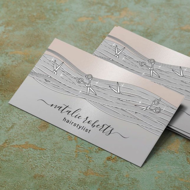 Hair Stylist Long Hair & Scissors Silver Salon Business Card (Creator Uploaded)