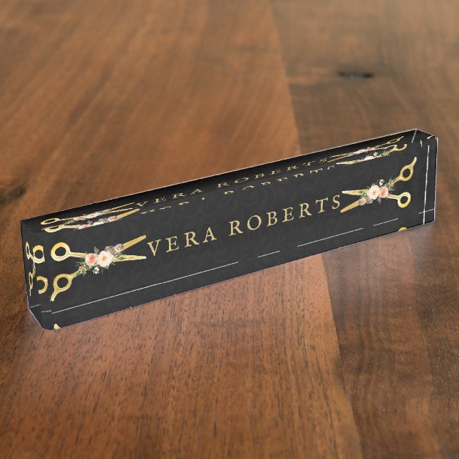 Hair Stylist Luxury Gold black Damask Nameplate (Side)