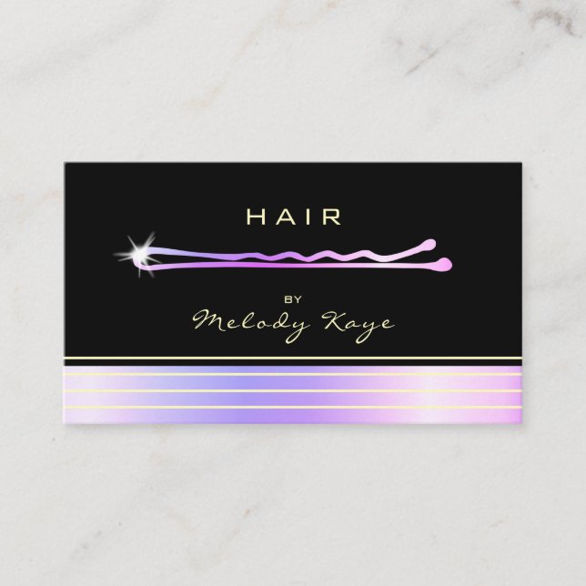 Hair Stylist Luxury Iridescent Gold Hairpin Business Card (Front)