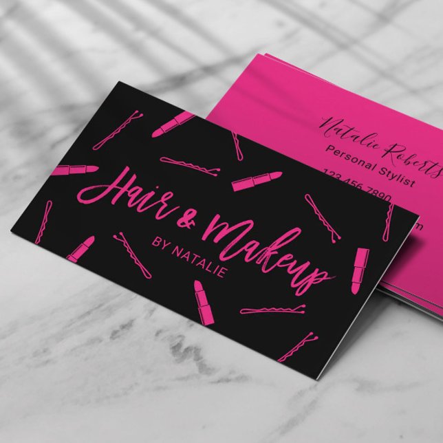 Hair Stylist & Makeup Artist Black & Pink Salon Business Card (Creator Uploaded)