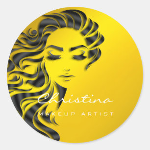 Hair Stylist Makeup Artist Glitter Eyelash Yellow Classic Round Sticker