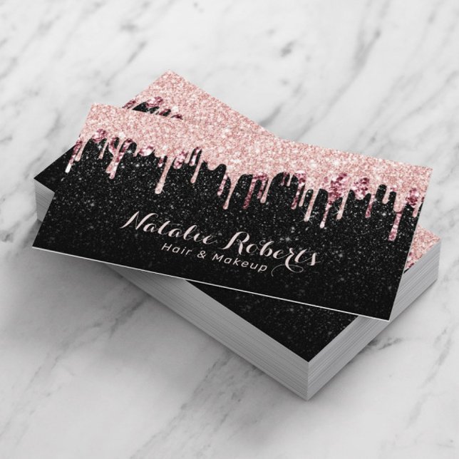 Hair Stylist Makeup Artist Rose Gold Drips Glitter Business Card (Creator Uploaded)