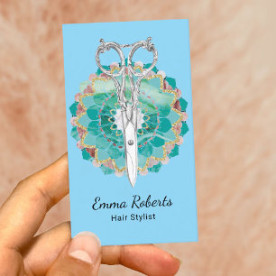 Hair Stylist Mandala Flower Scissor Baby Blue Business Card
