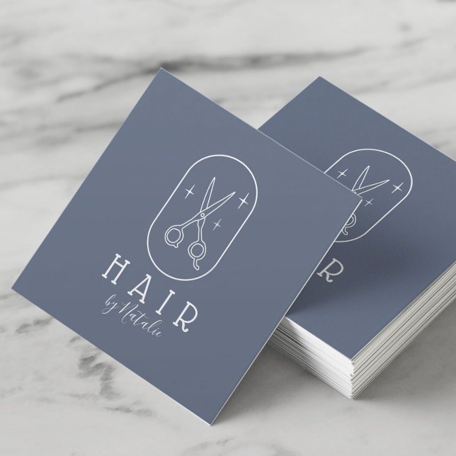 Hair Stylist Minimalist Scissor Logo Navy Salon Square Business Card (Creator Uploaded)