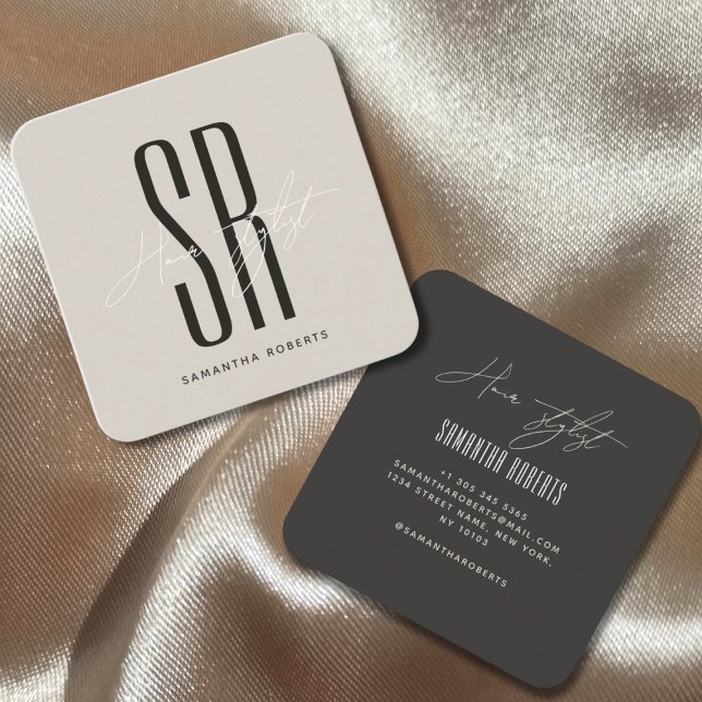 Hair stylist modern beige gray monogram initials square business card (Creator Uploaded)