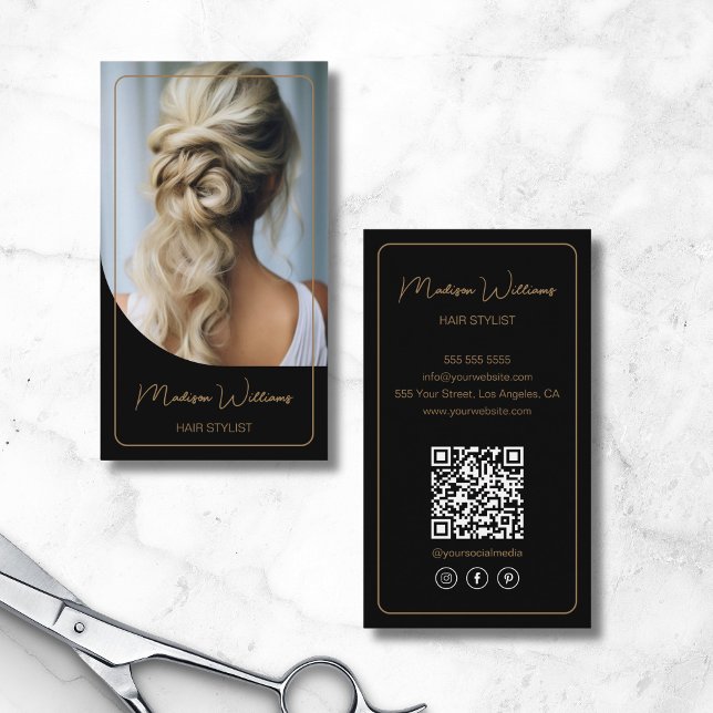 Hair Stylist Modern Black and Gold Business Card (Hair Stylist Modern Black and Gold Business Card)