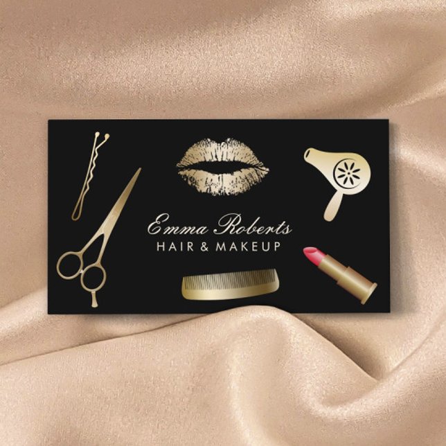 Hair Stylist Modern Black & Gold Beauty Salon Business Card (Creator Uploaded)