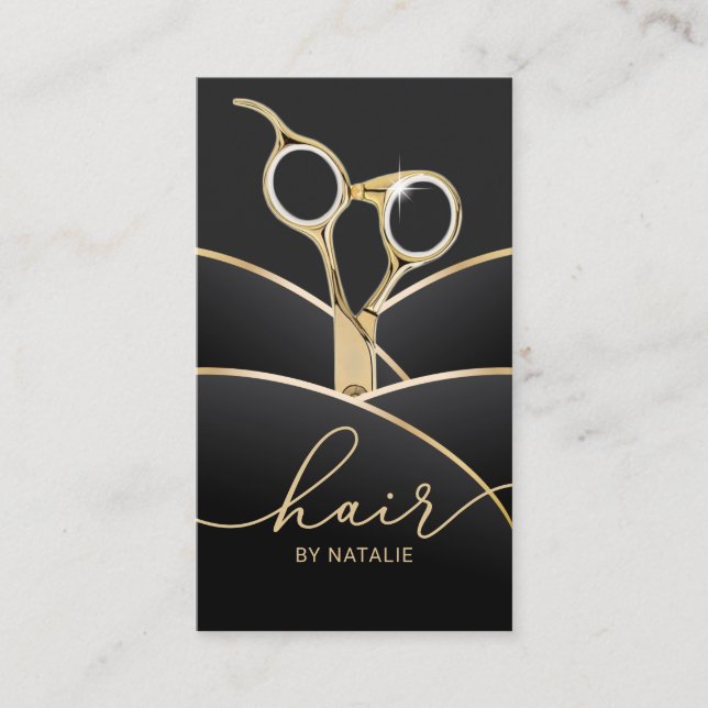 Hair Stylist Modern Black & Gold Hair Salon Business Card (Front)