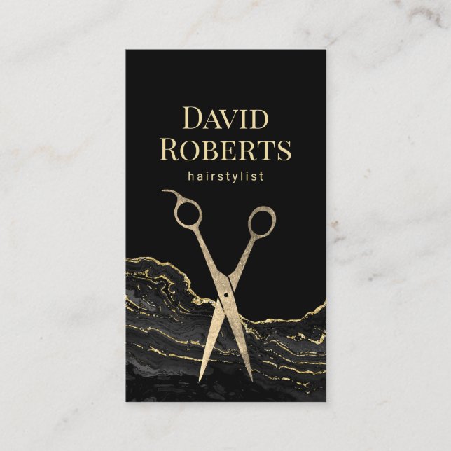 Hair Stylist Modern Black Gold Marble Hairdresser Business Card (Front)
