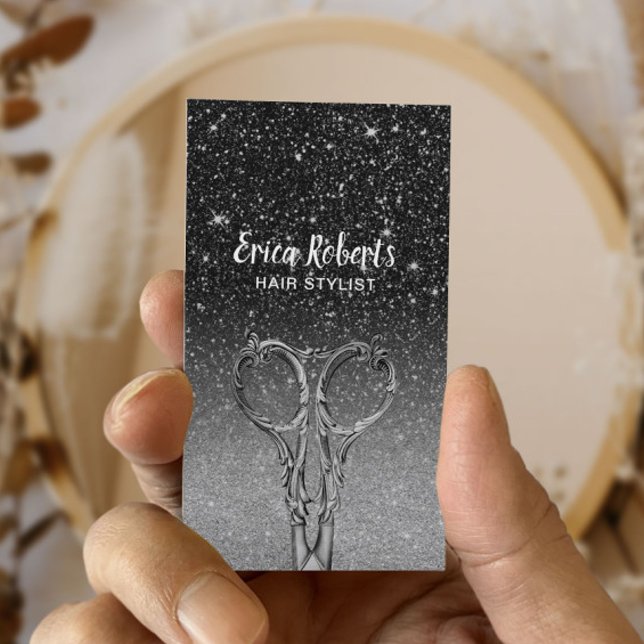 Hair Stylist Modern Black & Silver Glitter Salon Business Card (Creator Uploaded)