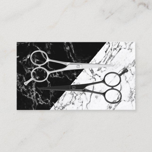 Hair Stylist Modern Black & White Scissor Marble Business Card (Front)