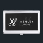 Hair Stylist Modern Black White Scissors Monogram Business Card Holder<br><div class="desc">Hair Stylist Modern Black White Scissors Monogram Business Card Case Template (The Background Colour is Changeable). For further customisation, you can click the "Customise it" button to switch to design mode. All text style, colours, sizes can be modified to fit your needs. If you need any help, please contact me....</div>