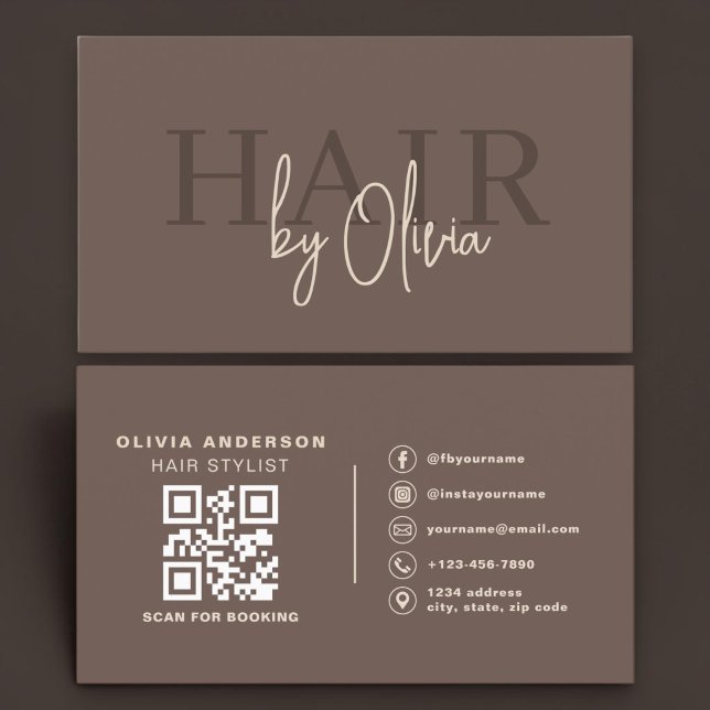 Hair Stylist Modern Brown QR Code  Business Card (Creator Uploaded)