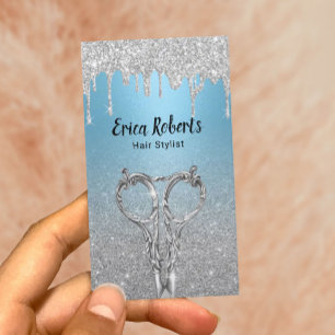 Hair Stylist Modern Drips Silver Glitter Baby Blue Business Card