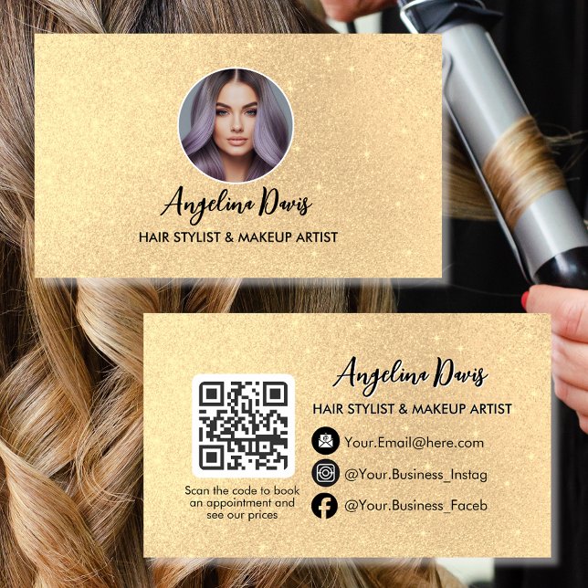 Hair Stylist Modern Gold Beauty salon photo qr Business Card (Creator Uploaded)