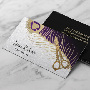 Hair Stylist Modern Gold Scissor & Peacock Feather Business Card