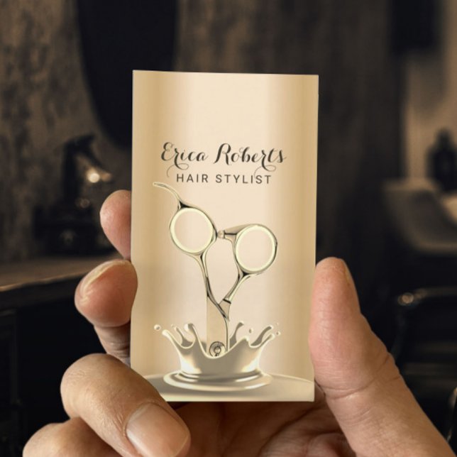 Hair Stylist Modern Gold Scissor & Splash Salon Business Card (Creator Uploaded)
