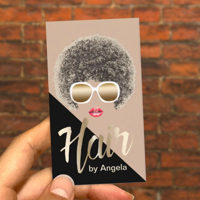 Hair Stylist Modern Gold Script Afro Hair Business Card (Creator Uploaded)