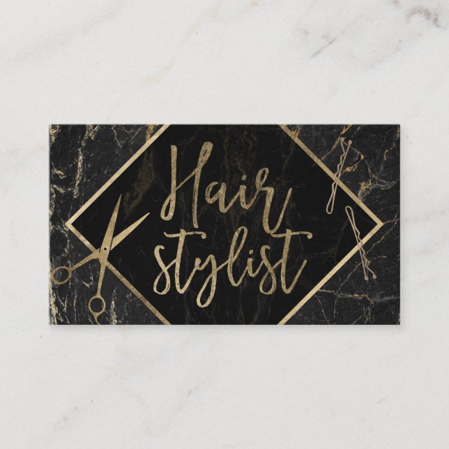 Hair Stylist Modern Gold Script Modern Marble Business Card (Front)