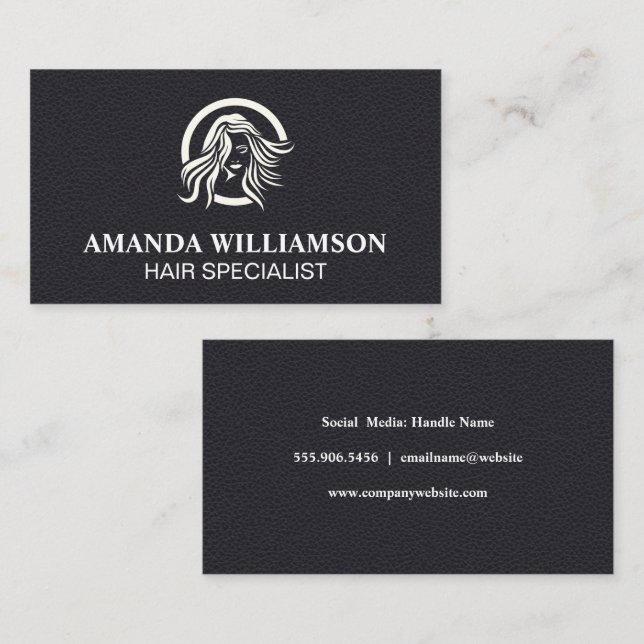 Hair Stylist Modern Logo Black Leather Business Card (Front/Back)