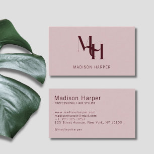 Hair stylist modern monogram initials pink red business card