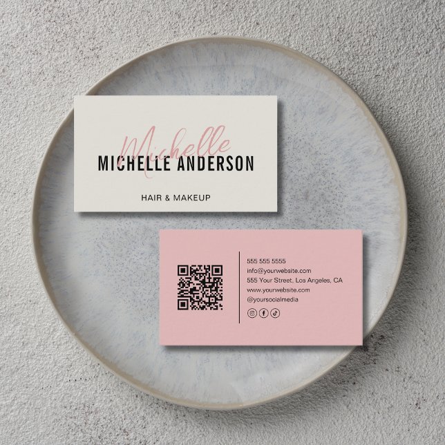 Hair Stylist Modern Neutral and Pink QR Code Business Card (Hair Stylist Modern Neutral and Pink QR Code Business Card)