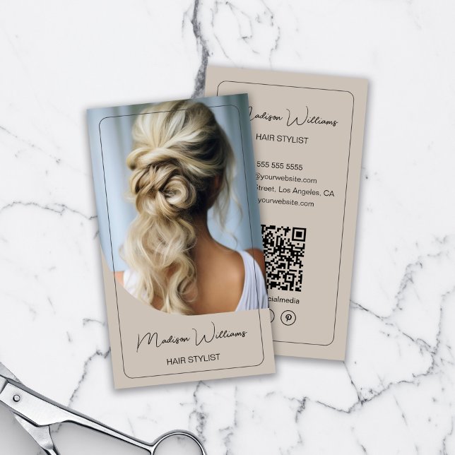 Hair Stylist Modern Photo Beige Business Card (Hair Stylist Modern Photo Beige Business Card)