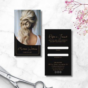Hair Stylist Modern Photo Black and Gold Referral Card