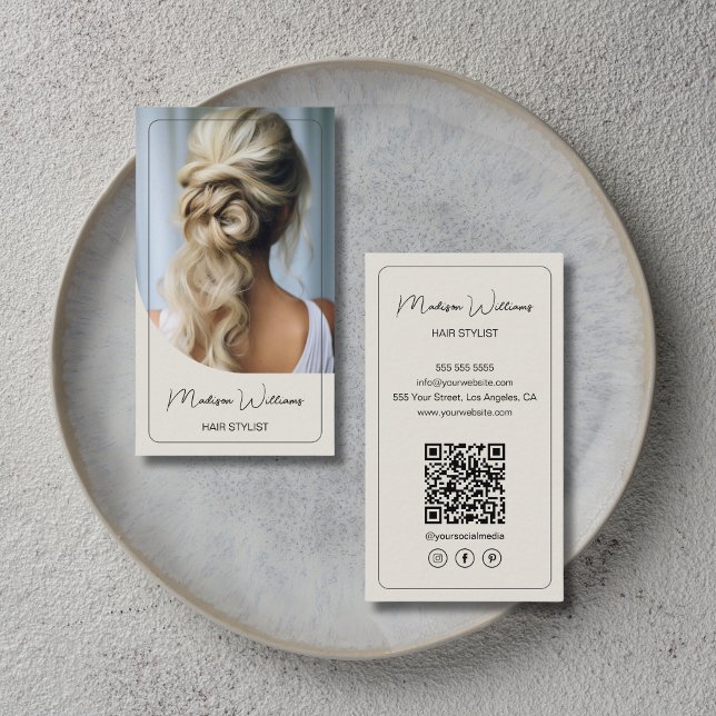 Hair Stylist Modern Photo Neutral Tone Business Card (Custom Hair Stylist Business Card)