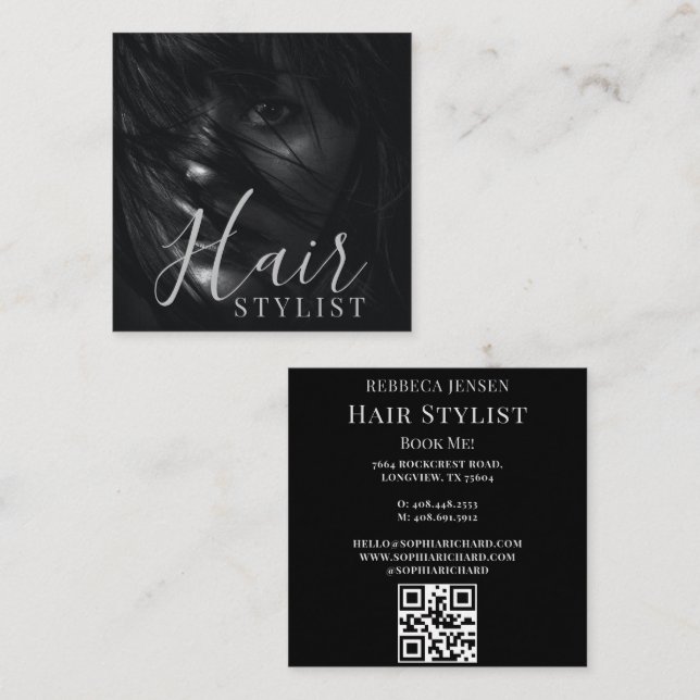 Hair stylist modern photo QR Code Square Business Card (Front/Back)