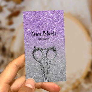 Hair Stylist Modern Purple & Silver Glitter Salon Business Card