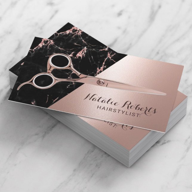 Hair Stylist Modern Rose Gold Marble Beauty Salon Business Card (Creator Uploaded)