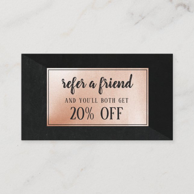 Hair stylist modern rose gold referral card black (Front)