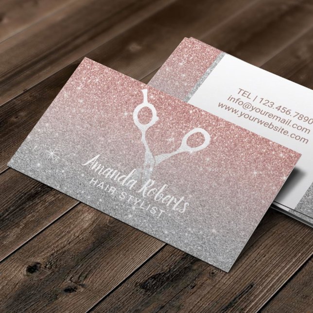 Hair Stylist Modern Rose Gold & Silver Glitter Business Card (Creator Uploaded)